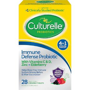 Culturelle Defense Defense Definle Daily Probiotic للنساء والرجال-28 Count ، Ambed Berry Ablables مع دعم مناعي 4 في 1. فيتامين C و فيتامين د و Zinc Plus Elderberry