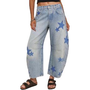 Chartou Y2K Barrel Jeans Women Wide Leg Laggy Baggy Printed Printed Horseshoe Denim Pants