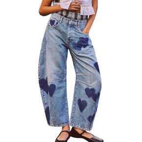 CHARTOU Y2k Barrel Jeans Women Wide Leg Baggy Distressed Printed Boyfriend Horseshoe Denim Pants in Kuwait