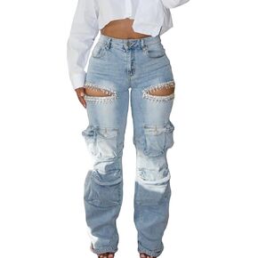 NRTHYE Womens High Waist Rhinestones Cargo Jeans Sexy Ripped Straight Leg Stretch Distressed Denim Trousers Pants