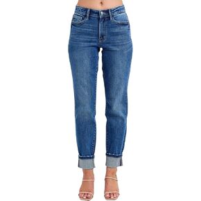 Judy Blue Women's Mid-Rise Vintage Wash Cuffed Boyfriend Jeans