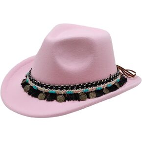 Kids Cowboy Hat for Girls Western Cowgirl Hat with Buckle Belt Pink Wide Brim Fedora Hat Dress Up Costume