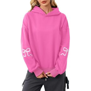 OLAPTA Women Oversized Bow Trim Print Hoodies Long Sleeve Fleeced Casual Graphic Pullover Trendy Fall Hooded Sweatshirts Top