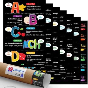 Quarterhouse Cursive Alphabet Line for Classroom Wall - Spanish (Multicolor) Poster Set, Spanish Classroom Learning Materials for K-12 Students and Teachers, Set of 9, 12 x 18 Inches, Extra Durable