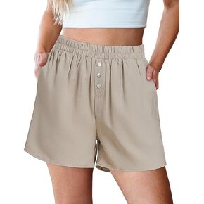 شورت Luvamia Linen للنساء عالية الخصر بزر مرن مرنة الصيف شورت شورت مريحة مع جيوب