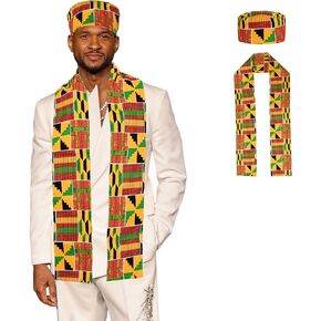 2pcs أفريقي Kente Scarf Dashiki Print Brint Sash و Kufi Hat Preshes Perfect for Black History Celebrations Kwanzaa Tread Sash Stole African Tortpan Complements for Men Women