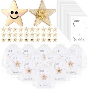 Yinkin 30 Sets Golden Star Pins Graduation Gifts Bulk Five Pointed Star Pins with Motivational Cards and Organza Bags End of the Year Gifts Positive Badge Party Favors for Colleges Classmate Teacher