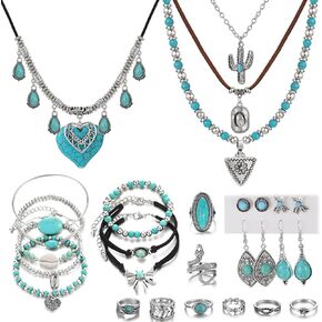 KISS WIFE Western Jewelry Turquoise Jewelry for Women, Vintage Silver Western Necklaces Bracelets Earrings Rings Bohemian vacation Beach Jewelry Sets Gifts for Women