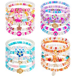 Sureio 24 Pcs Bohemia Hawaiian Plumeria Rubra Tropical Flower Friendship Bracelets for Party Favors Heishi Surfer Beaded Stretch Bracelets Y2K Pearl Bracelets Summer Beach Holiday Jewelry