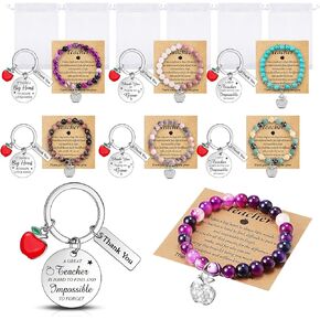 Henoyso 24 Pieces Teacher Appreciation Gifts Teacher Stretch Beaded Bracelets Teacher Keychain Women Christmas Gift