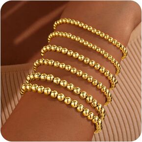 Gold Bracelet for Women Waterproof 14K Gold Plated Gold Bead Ball Bracelet Trendy Stretchable Elastic Hypoallergenic Bohemian Stackable Bracelet Stack Jewelry