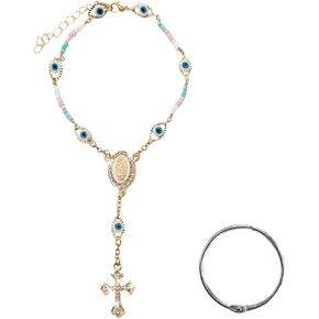Evil Eye Rearview Mirror Auto Rosary Beads, Cross Hanging Ornaments, Car Rear View Mirror Charm, Car Medal and Cross Hanging Accessories for Mirrors Interior Decorations