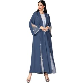 Elegant Beaded Abaya Robe, Open Front Long Sleeve Maxi Outerwear, Modest Cover-Up with Crystal Trim, NO INNER, Blue
