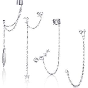 4 Pieces Cuff Earrings Chain Asymmetric Moon Star Tassel Ear Cuff Crawler Long Chain Climbers Drop Dangle Earrings for Women Holiday Decor (Silver)