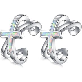 Koyekti Silver/Black Cross Opal Ear Cuff NonPiercing 925 Sterling Silve Cross Cartilage Earrings Cross Jewelry Gifts for Women