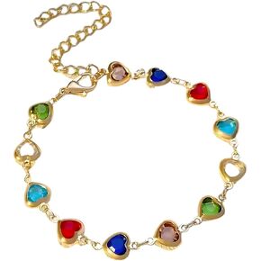 Gold Plated Heart Colorful Charm Bracelet, Clover Bracelet, 12 Synthetic Gemstones,Dainty Jewelry for Women, lightweight & comfortable, Use at Any Occasion,1 Count