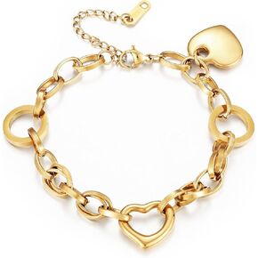 Heart Bracelets for Women, Stainless Steel Non Tarnish Gold Bracelet with Heart Pendant, Adjustable Lobster Clasp Gold Hand Chain, Trendy Jewelry Gifts for Women on Birthday Christmas