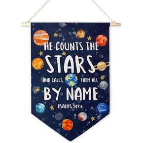ArtisaEura Christian Space Wall Canvas Banners, Space Nursery Decor, Solar System Bible Verse Hanging Display Pennant Banner Flags, Navy Blue Nursery Wall Decor for Kids Boys Room Bedroom Playroom