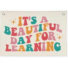 XYDEG Classroom Decor Canvas Banner - 'It's A Beautiful Day for Learning' - Reading Corner, Library Decor - Groovy Homeschool Nook Banner - 30x20 Inch