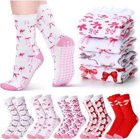 10 Pairs Coquette Pink Bow Pilates Crew Socks for Women Crew Non Slip Cute Yoga Socks Ruffle Cuff Grips Ballet Gift