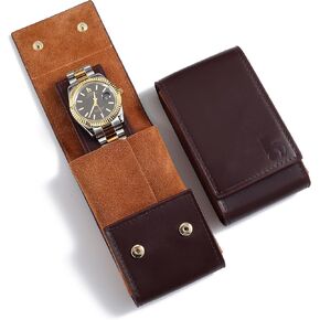 BUREI Leather Watch Travel Case Pouch Portable Watch Case for Men Single Watch Band Storage Bag Watch Accessories (Brown Black)