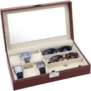 Travel Watch Case, Leather Sunglasses Eyewear Storage Organizer Glasses Holder, Jewelry Box for Watch Band Sunglasses Display