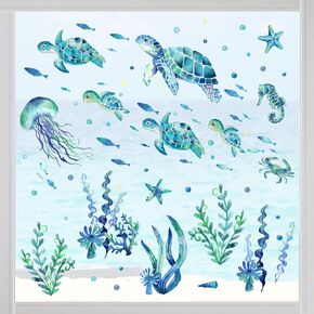 Yovkky Spring Summer Under The Sea Window Clings 4 Sheets, Ocean Life Turtle Jellyfish Seahorse Seaweed Stickers Decals Decor, Beach Coastal Starfish Crab Fish Bubble Home Kitchen Decorations