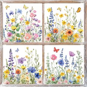 Whaline 6 ورقة Wildfloral Window Clings ملونة زهرة الزهور الزهرة الفراشة قابلة لإعادة الاستخدام الشارات للمكتب المدرسي المنزلي لوازم الحفلات الموسمية