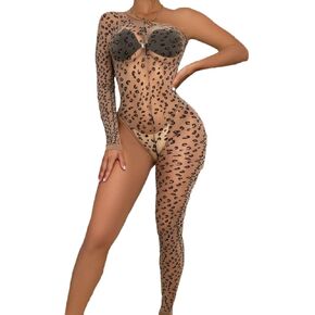 Women's Sexy Leopard Print Bodystocking Mesh Bodysuit Jumpsuit Long Sleeve See Through Bodysuit Stockings Rave Outfits