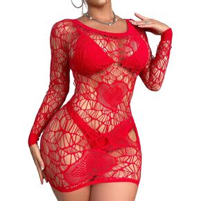 KAYLLE&KT Womens Fishnet Sexy Lingerie Heart Cut Out Dress Mesh Chemise Babydoll Bodysuit Free Size