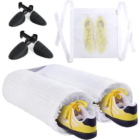 Shoe Washing Machine Bag, Laundry Shoe Bag with 360° Deep Clean Include 2 Pairs Adjustable Shoe Trees, Durable Zipper Design, Reusable Shoe Washing Bag for All Shoe Types Sizes with Dry Bag