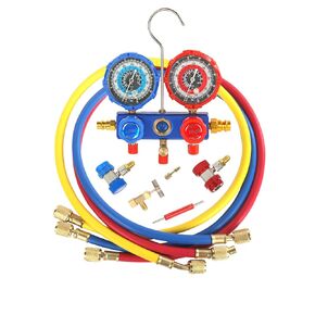 PB Motor Tech 3 Way AC Gauge Gauge for R134A ، R410A ، R22 ، R404A ، مع مقرنات سريعة ، 410 محول ، يمكن أن النقر ، أداة الصمام الأساسية. مثالي لصيانة تكييف الهواء