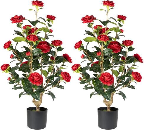 Artificial Camellia Tree 2 Pack - Realistic Camellia Plants in Pot with Red Flowers, Lifelike Faux Greenery for Living Room, Patio, or Wedding, Red in Kuwait