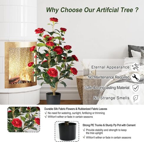 Artificial Camellia Tree 2 Pack - Realistic Camellia Plants in Pot with Red Flowers, Lifelike Faux Greenery for Living Room, Patio, or Wedding, Red in Kuwait