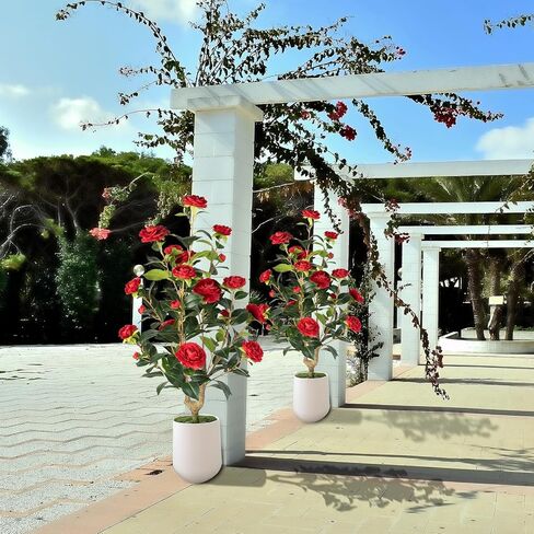 Artificial Camellia Tree 2 Pack - Realistic Camellia Plants in Pot with Red Flowers, Lifelike Faux Greenery for Living Room, Patio, or Wedding, Red in Kuwait