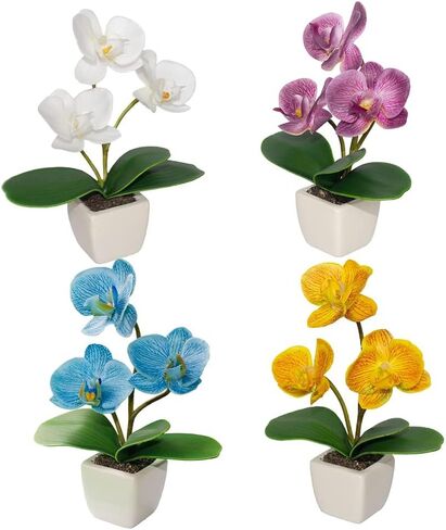 Mini Artificial Silk Orchid Potted Flowers - 4pcs Real Touch Fake Small Plants in Ceramic Vase for Home Office Bathroom Living Room,Tiny Faux Table Shelf Decor Indoor in Kuwait