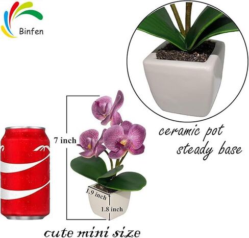 Mini Artificial Silk Orchid Potted Flowers - 4pcs Real Touch Fake Small Plants in Ceramic Vase for Home Office Bathroom Living Room,Tiny Faux Table Shelf Decor Indoor in Kuwait