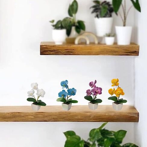 Mini Artificial Silk Orchid Potted Flowers - 4pcs Real Touch Fake Small Plants in Ceramic Vase for Home Office Bathroom Living Room,Tiny Faux Table Shelf Decor Indoor in Kuwait