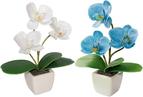 Mini Artificial Silk Orchid Potted Flowers - 4pcs Real Touch Fake Small Plants in Ceramic Vase for Home Office Bathroom Living Room,Tiny Faux Table Shelf Decor Indoor in Kuwait