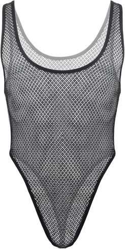 JIAHG Men's Sissy Lace Bodysuit Sheer Mesh Lingerie with Low Cut T-Back One Piece Leotard Sleeveless Sexy Fishnet Underwear in Kuwait
