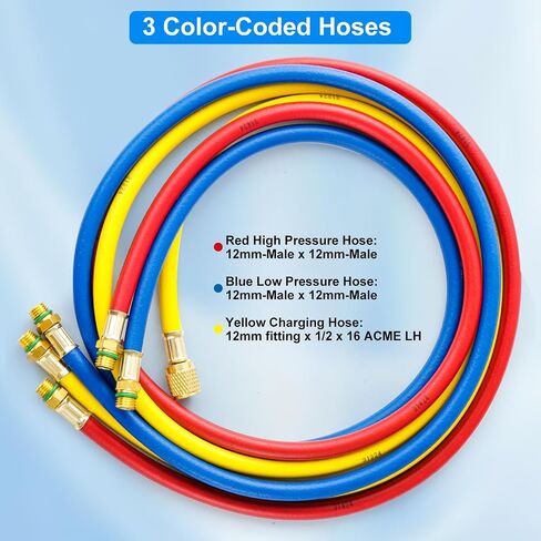 R1234YF AC Refrigerant Charging Hoses, 5FT AC Manifold Gauge Hose Kit for R1234yf Air Condition Refrigerant, 1/2" SAE Thread, 800 PSI A/C Charging Hose Tube 60 Inch in Kuwait