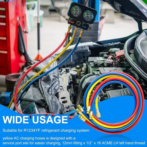 R1234YF AC Refrigerant Charging Hoses, 5FT AC Manifold Gauge Hose Kit for R1234yf Air Condition Refrigerant, 1/2" SAE Thread, 800 PSI A/C Charging Hose Tube 60 Inch in Kuwait