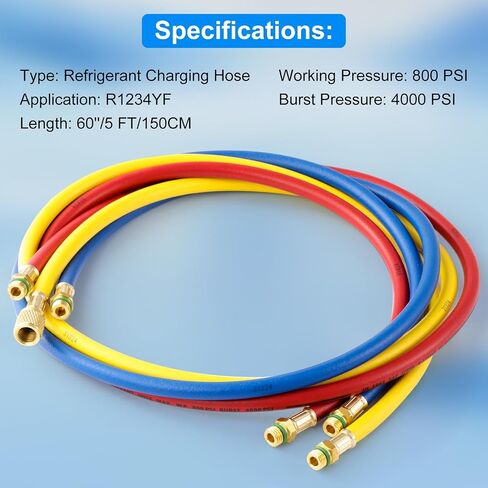 R1234YF AC Refrigerant Charging Hoses, 5FT AC Manifold Gauge Hose Kit for R1234yf Air Condition Refrigerant, 1/2" SAE Thread, 800 PSI A/C Charging Hose Tube 60 Inch in Kuwait