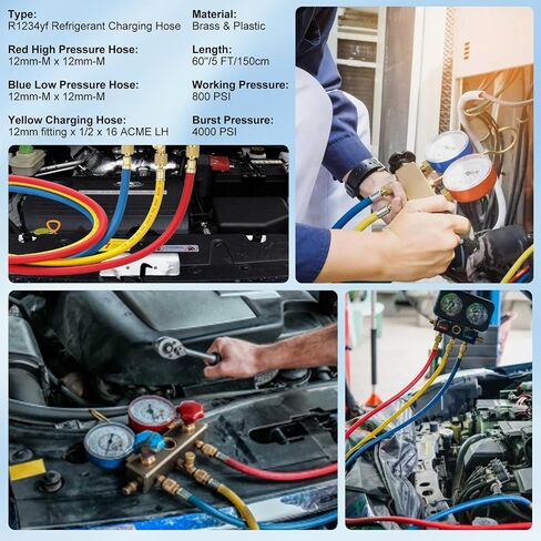 R1234YF AC Refrigerant Charging Hoses, 5FT AC Manifold Gauge Hose Kit for R1234yf Air Condition Refrigerant, 1/2" SAE Thread, 800 PSI A/C Charging Hose Tube 60 Inch in Kuwait