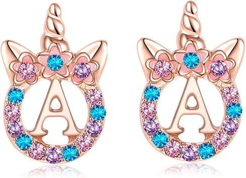 Cute Rose Gold Silver Initial Unicorn Hypoallergenic Stud Earrings Rhinestone Initial Letter Stud Earrings for Girls Unicorns Jewelry Gifts for Kids Toddler in Saudi Arabia