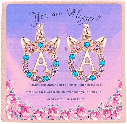Cute Rose Gold Silver Initial Unicorn Hypoallergenic Stud Earrings Rhinestone Initial Letter Stud Earrings for Girls Unicorns Jewelry Gifts for Kids Toddler in Saudi Arabia