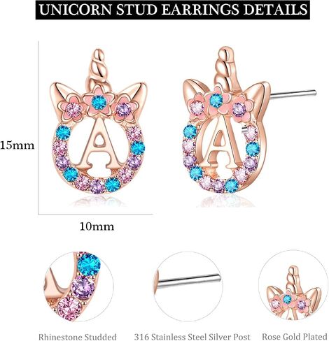 Cute Rose Gold Silver Initial Unicorn Hypoallergenic Stud Earrings Rhinestone Initial Letter Stud Earrings for Girls Unicorns Jewelry Gifts for Kids Toddler in Saudi Arabia