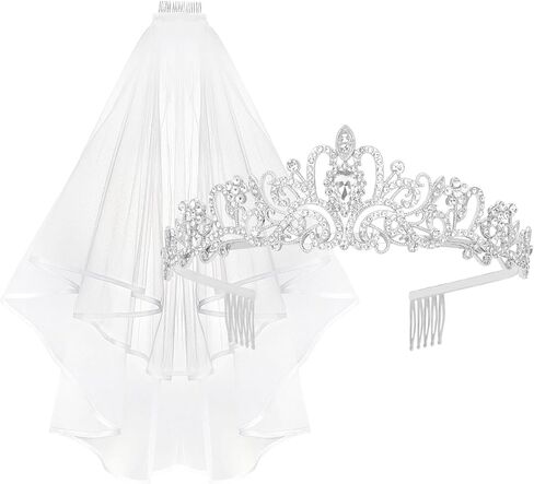 YARIEW Silver Crown and Bride Veil Set, Rhinestone Wedding Tiara, Bridal Shower and Bachelorette Party Decorations, Prom Bridal Shower and Birthday Gift for Women and Girls in Kuwait