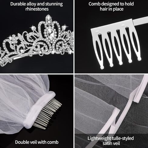 YARIEW Silver Crown and Bride Veil Set, Rhinestone Wedding Tiara, Bridal Shower and Bachelorette Party Decorations, Prom Bridal Shower and Birthday Gift for Women and Girls in Kuwait