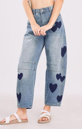 CHARTOU Y2k Barrel Jeans Women Wide Leg Baggy Distressed Printed Boyfriend Horseshoe Denim Pants in Kuwait